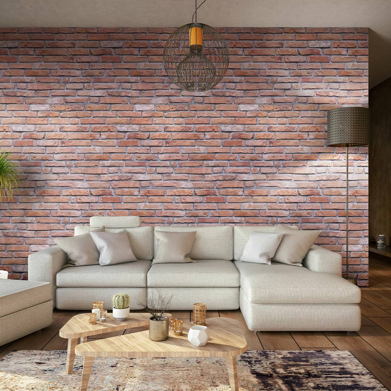 3D textured brick wall panel behind a sofa