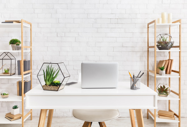 Bright home office with plants and white brick wall