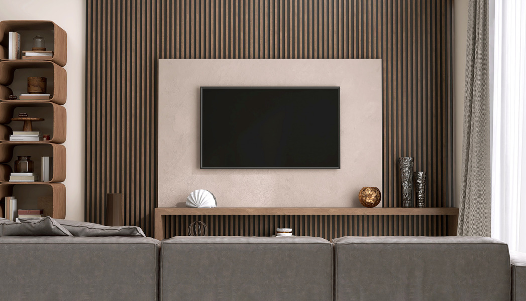 Dark wood slat panelling behind the TV adding depth and sophistication.