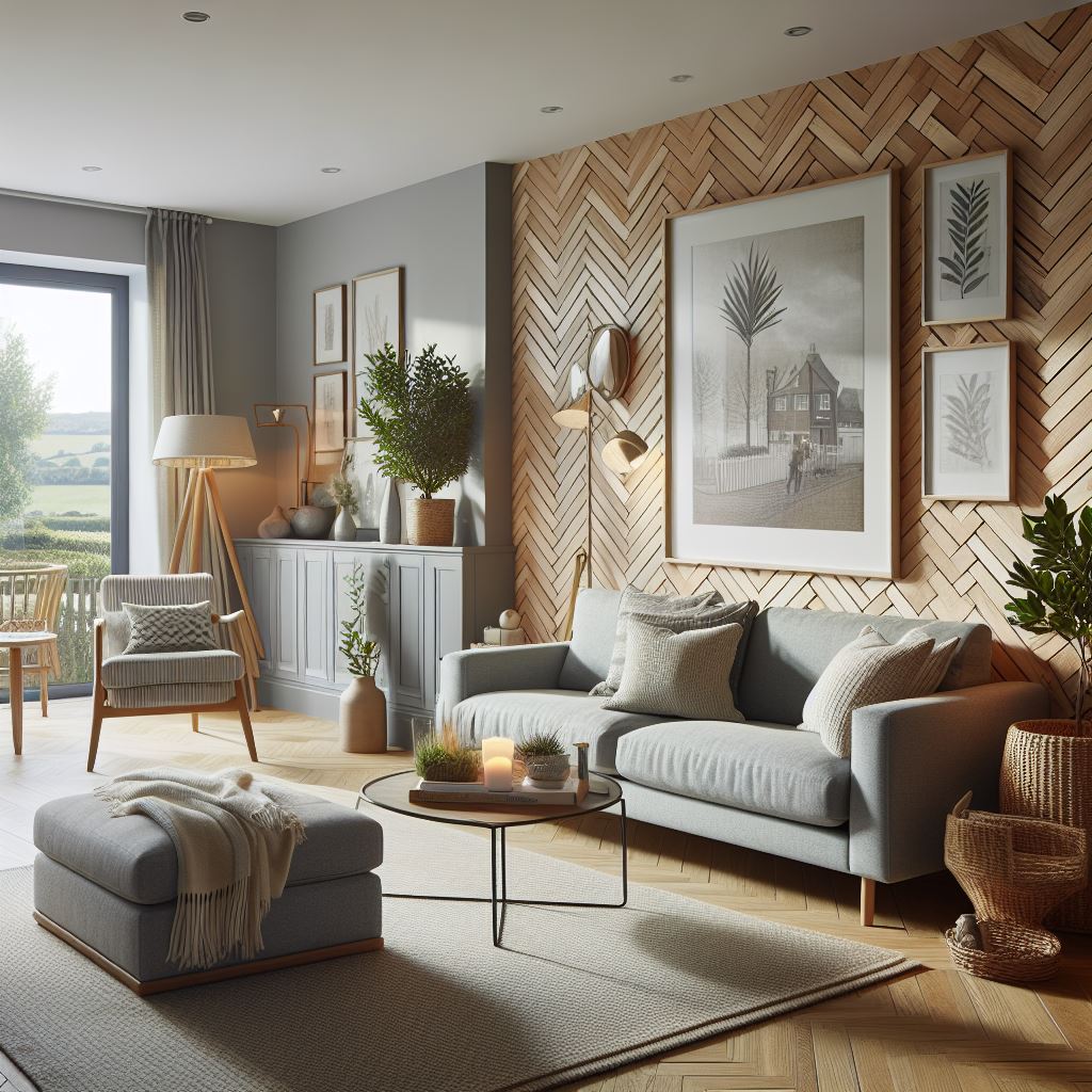 Wooden herringbone wall panels in a living room