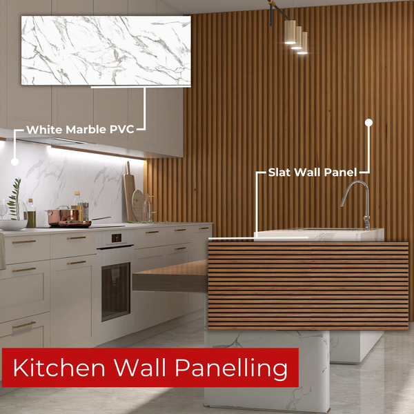 Image shows marble and slat wall panelling in a kitchen