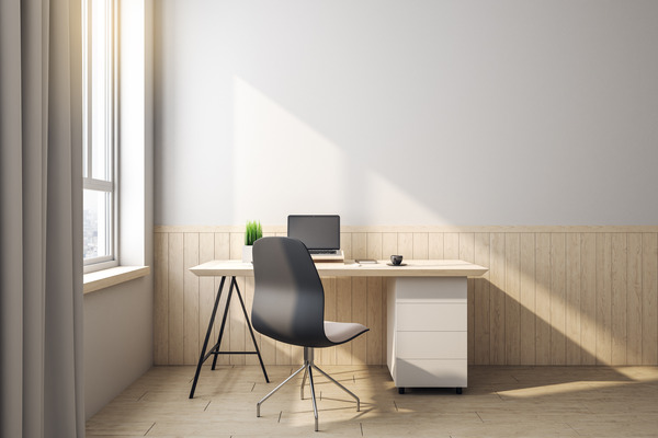 Minimalist home office with wooden panelling