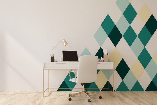 Modern home office with geometric wall design