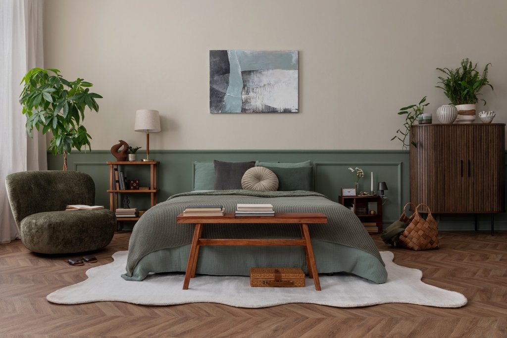 Olive green bedroom featuring wainscoting and wooden panelling