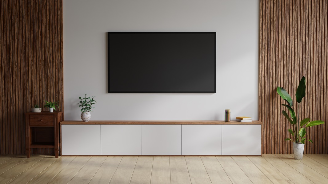 Textured wood panelling framing the TV and shelves.