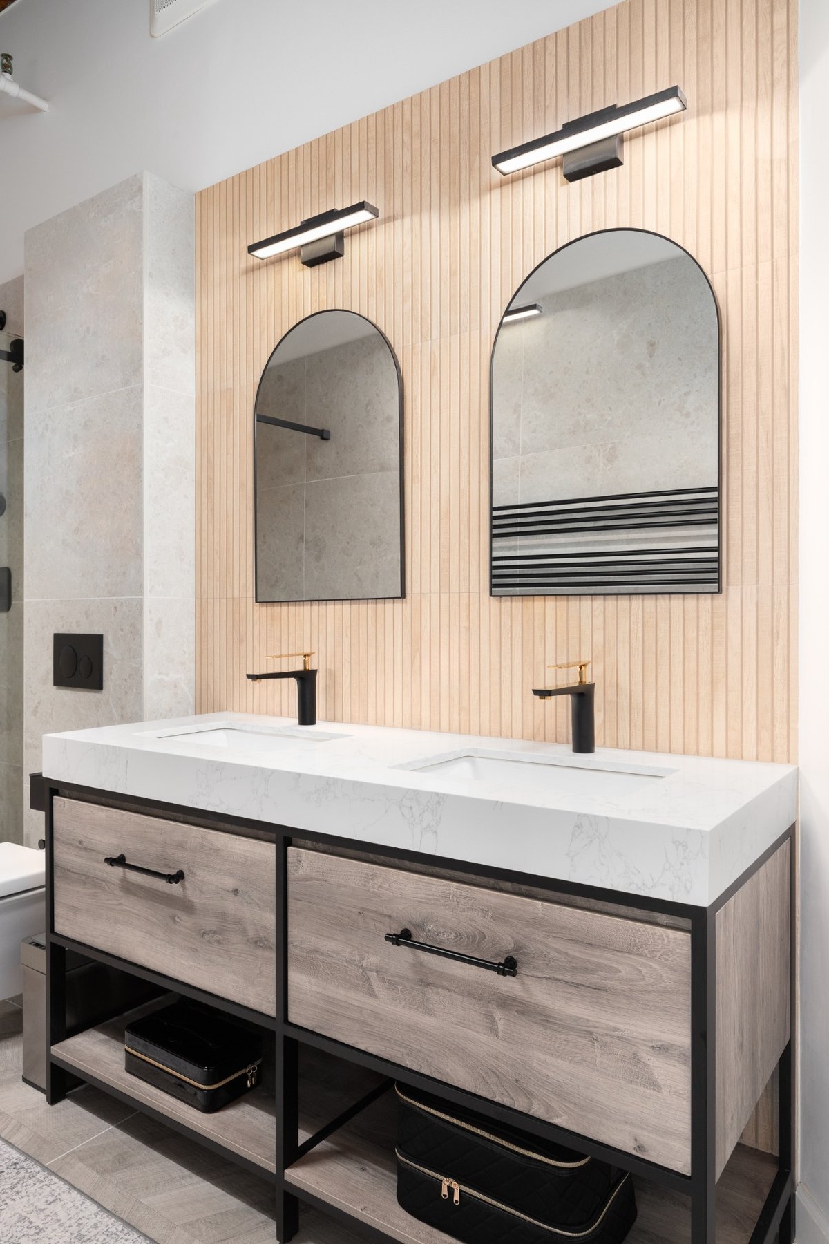 Slatted Wall Panels Double Vanity Bathroom