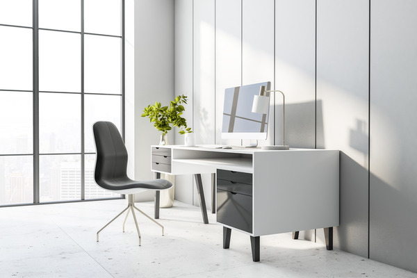 Sleek home office with large windows