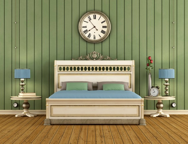 Retro green panels behind a bed