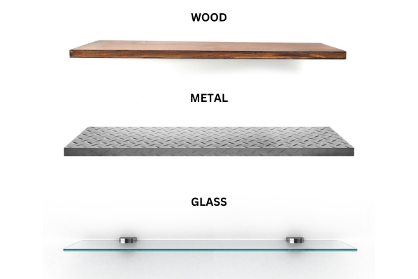 Wood, metal and glass shelving units