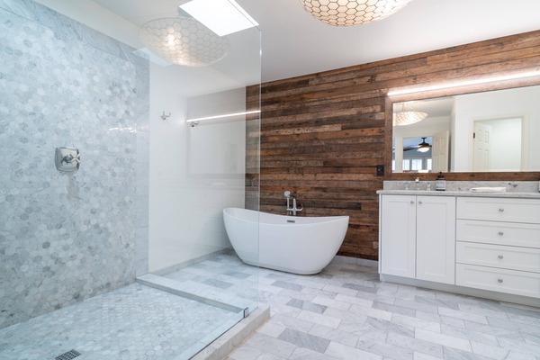 Urban farmhouse fusion bathroom wall panelling