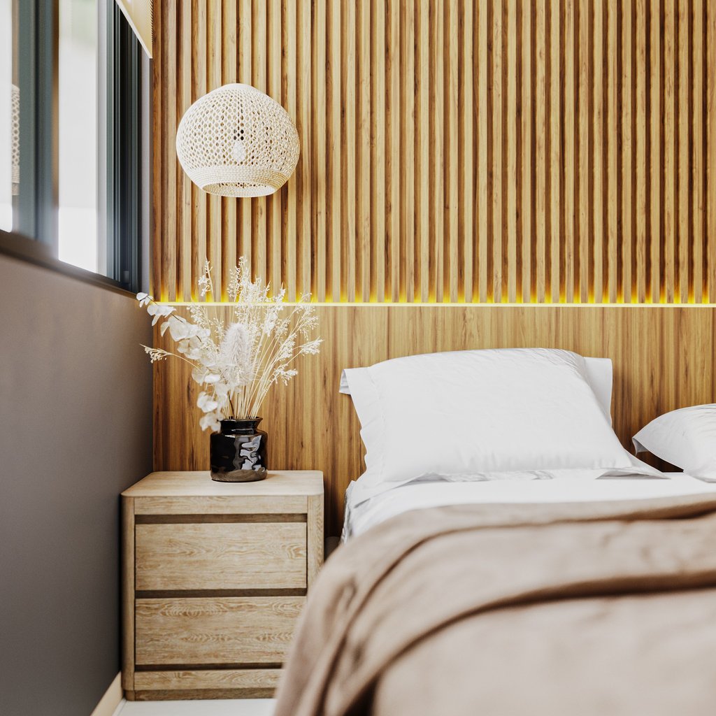 Wood slatted wall panelling in a modern bedroom